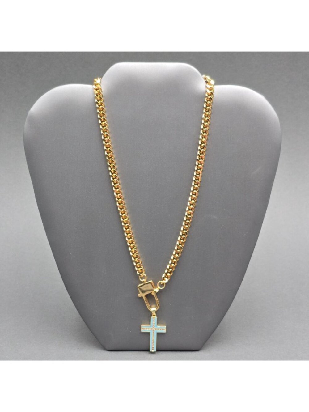 Melania Clara Wendy Necklace Blue Enamel Cross Pendant Gold Plated Curb Chain 16 - Picture 2 of 16
